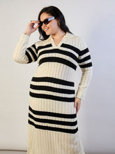Black & White Striped Acrylic Wool Collar Midi Dress SASSAFRAS CURVE